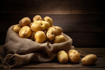 Burlap sack full of potatoes, wooden background, natural food concept. Generative AI