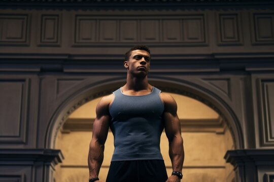 Conceptual portrait photography of a satisfied boy in his 30s shaking hands sporting a stylish sports bra at the uffizi gallery in florence italy. With generative AI technology