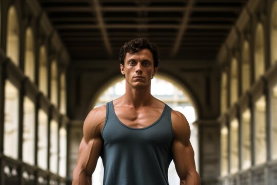 Conceptual portrait photography of a satisfied boy in his 30s shaking hands sporting a stylish sports bra at the uffizi gallery in florence italy. With generative AI technology