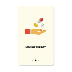 Medical treatment flat icon. Female hand catching falling pills and capsules with medicine isolated vector sign. Medicine and pharmacy concept. Vector illustration symbol element