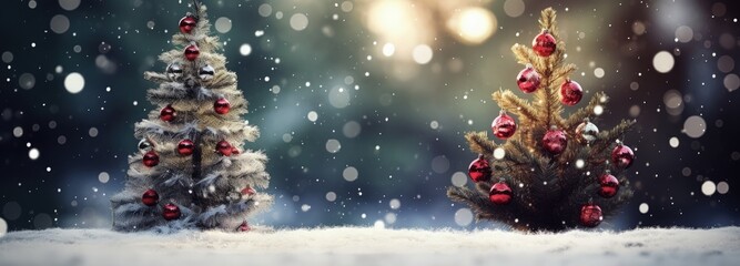 Fototapeta na wymiar Christmas trees and falling snowflakes, holiday and celebration concept. Generative AI
