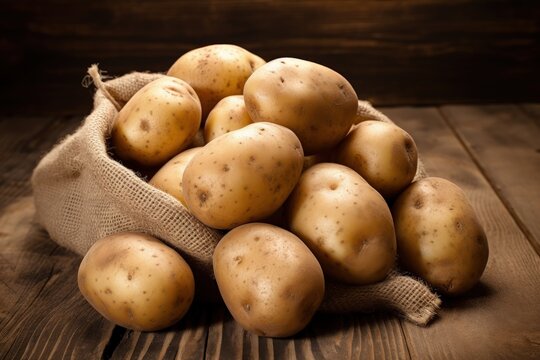 Burlap sack full of potatoes, wooden background, natural food concept. Generative AI