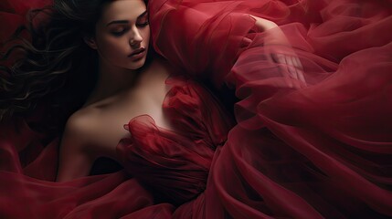 Close-up shot of a dress's fabric texture, emphasizing the contrast of satin and tulle, with the model's poised expression completing the frame