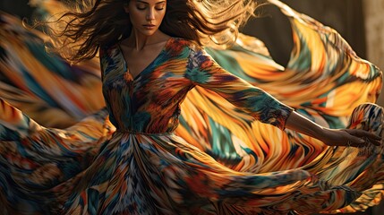 Dynamic capture of a model twirling, the layers of her bohemian dress creating mesmerizing patterns in motion