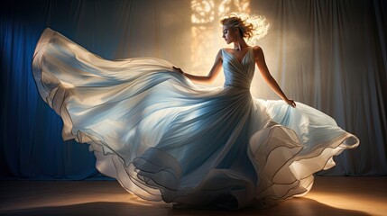 Full-length capture of a woman, her ballroom dress cascading like a waterfall, spotlighting the interplay of light and fabric - obrazy, fototapety, plakaty