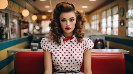 Model in a playful polka-dotted dress, evoking the timeless charm of 50s fashion, set in a retro diner