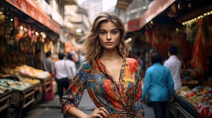 Fototapeta na wymiar Model in a vibrant, patterned dress, standing amidst a bustling market, capturing the essence of global fashion