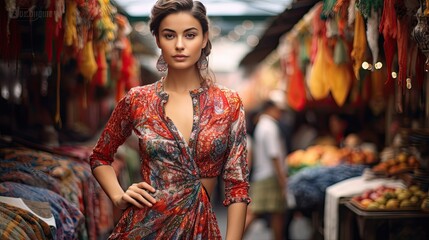 Model in a vibrant, patterned dress, standing amidst a bustling market, capturing the essence of global fashion