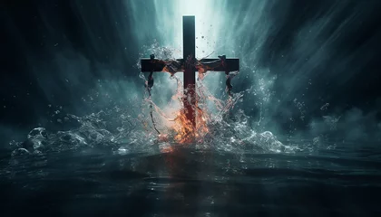 Foto op Plexiglas A symbol of power and spirituality, a cross emerges from water, accompanied by ethereal blue flames that illuminate its profound significance. © Hasun