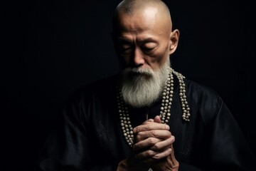 Studio portrait photography of a tender mature man rubbing eyes showing off a chic pearl necklace at the palace museum (forbidden city) in beijing china. With generative AI technology