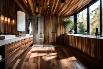modern bathroom interior, Amazing bathroom with wooden wall and floor