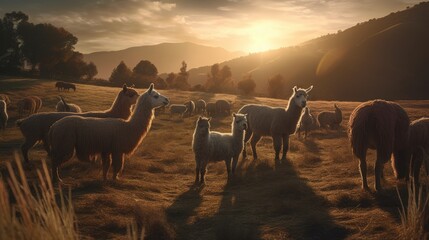Illustration of llamas with their flocks in the forest