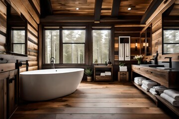 Fototapeta premium modern bathroom interior, Amazing bathroom with wooden wall and floor