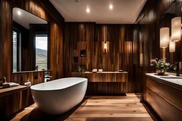 Fototapeta premium modern bathroom interior, Amazing bathroom with wooden wall and floor