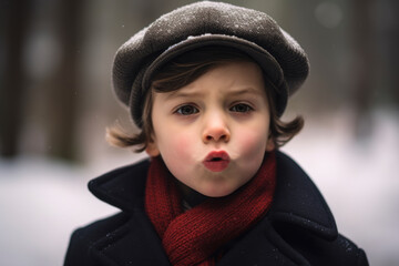 Close-up portrait photography of a satisfied kid male coughing wearing a stylish beret at the banff national park in alberta canada. With generative AI technology