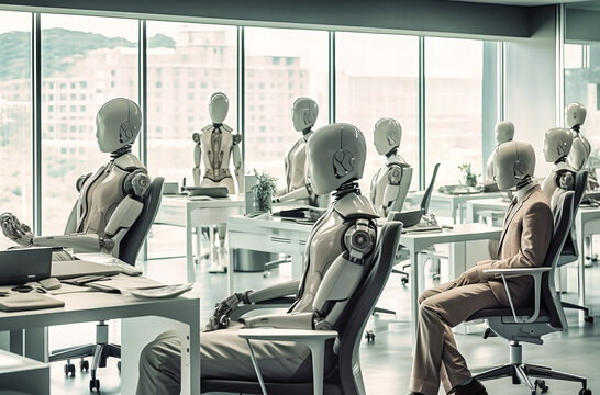 In an office bustling with efficiency, a group of robotic mannequins collaborates seamlessly, showcasing the fusion of automation and workspace