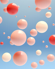 Shiny balls with different size on simple gradient background. Glossy bubbles in empty space. Abstract ultra wide composition with chaotic floating spheres. 3d rendering 
