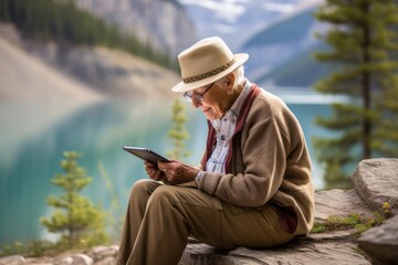 Lifestyle portrait photography of a content old woman using a tablet wearing a casual baseball cap at the banff national park in alberta canada. With generative AI technology