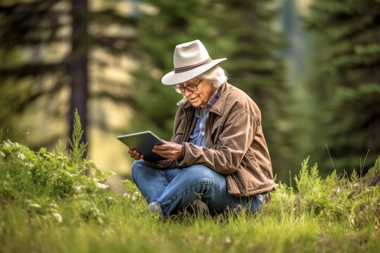 Lifestyle portrait photography of a content old woman using a tablet wearing a casual baseball cap at the banff national park in alberta canada. With generative AI technology