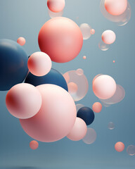 Shiny pink and blue balls with different size on simple gradient background. Glossy bubbles in empty space. Abstract composition with chaotic floating spheres. 3d rendering
