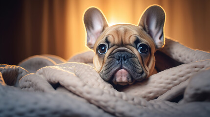 Closeup cute little French bulldog face showing out of the blanket on the bed. Digital illustration generative AI.