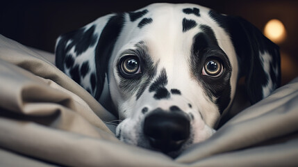 Closeup cute dalmatian puppy face showing out of the blanket on the bed. Digital illustration generative AI.