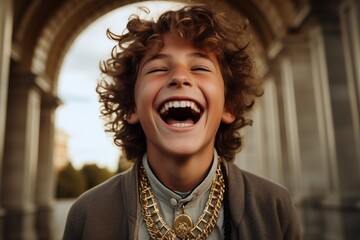 Medium shot portrait photography of a happy kid male laughing showing off a delicate necklace at the buckingham palace in london england. With generative AI technology