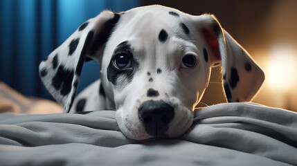 Closeup cute dalmatian puppy face showing out of the blanket on the bed. Digital illustration generative AI.