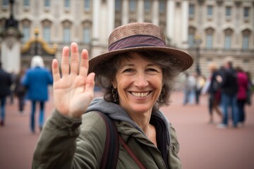 Headshot portrait photography of a jovial mature woman waving hello or goodbye sporting a practical bucket hat at the buckingham palace in london england. With generative AI technology