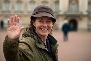 Headshot portrait photography of a jovial mature woman waving hello or goodbye sporting a practical bucket hat at the buckingham palace in london england. With generative AI technology