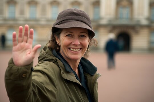 Headshot portrait photography of a jovial mature woman waving hello or goodbye sporting a practical bucket hat at the buckingham palace in london england. With generative AI technology