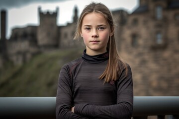 Lifestyle portrait photography of a glad kid female crossing arms over chest sporting a technical climbing shirt at the edinburgh castle scotland. With generative AI technology