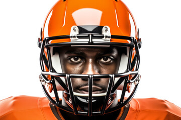 Close-up of face of black American football player in orange helmet - Powered by Adobe