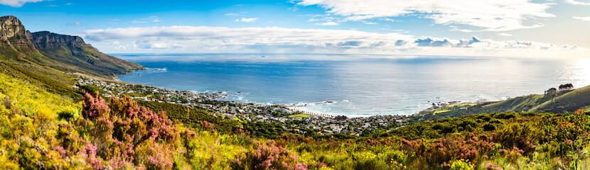 Fototapeta premium View of Camps bay from Kloof Corner hike at sunset in Cape Town, Western Cape, South Africa