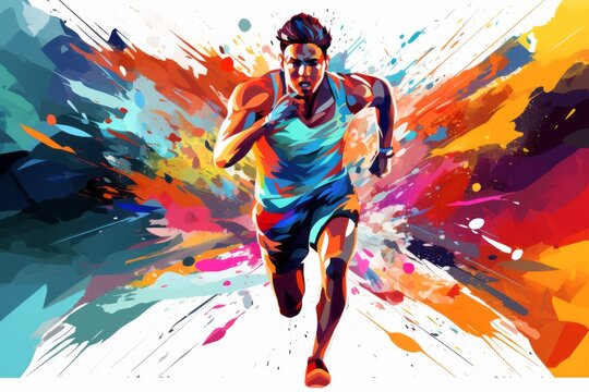 Watercolor style drawing of running athlete, colorful splashes in background