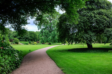 The inside view of Stirling castle garden with green trees. Stirling city, Scotland, England, UK. Travel and nature scene.
