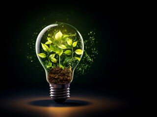 Lightbulb with fresh green leaves on black background with copy space