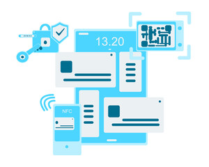 financial technology illustration, encrypted data, digital banking, credit card, nfc, qr code