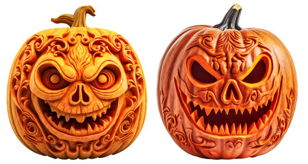 Two scary carved Halloween pumpkins isolated on transparent background