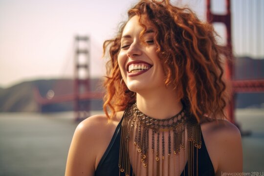Close-up portrait photography of a happy girl in her 30s hand on forehead showing off a bold body chain at the golden gate bridge in san francisco usa. With generative AI technology