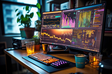 Abstract creative financial chart holographic diagram of modern business center exterior background, research and strategy concept