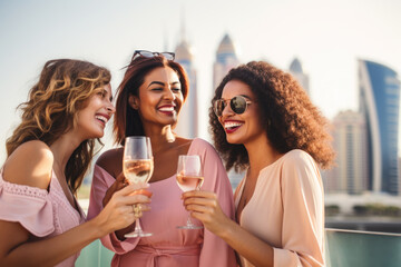 Group of happy rich and stylish woman friends clinking with glasses of wine, celebrating holiday in Dubai with skyline and skyscrapers in the background - Powered by Adobe