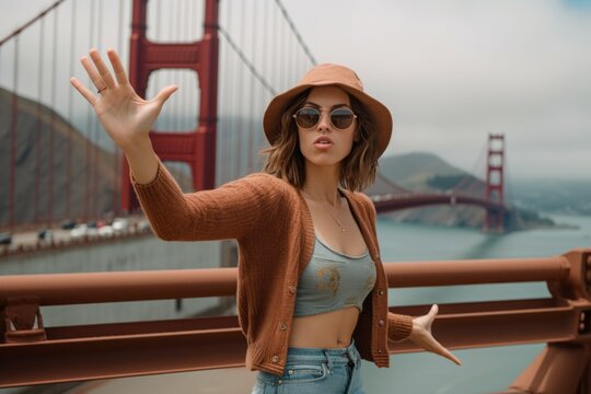 Medium shot portrait photography of a jovial girl in her 20s making a stop sign with hand showing off a cute crop top at the golden gate bridge in san francisco usa. With generative AI technology