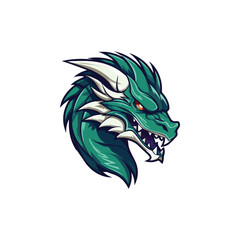 Angry green dragon head with long white horns, vector Mascot logo isolated on background
