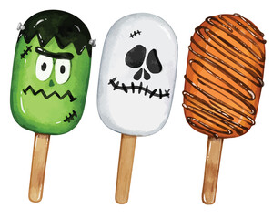 Watercolor creepy ice cream popsicle isolated vector illustrations set. spooky Halloween Kids snacks