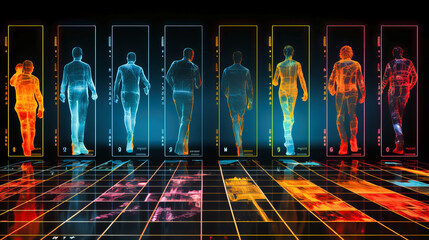 A grid of dynamic footprints, emphasizing the use of gait analysis in biometric systems - obrazy, fototapety, plakaty