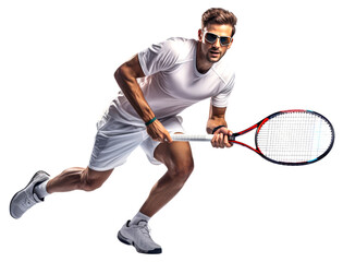 Young tennis player in white clothes with tennis racket on white background