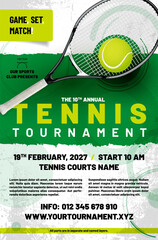 Tennis tournament poster template with ball, racket and sample text