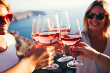 Group of happy female friends celebrating holiday clinking glasses of rose wine in Santorini