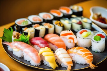 Assorted sushi nigiri and maki set. A variety of Japanese sushi.